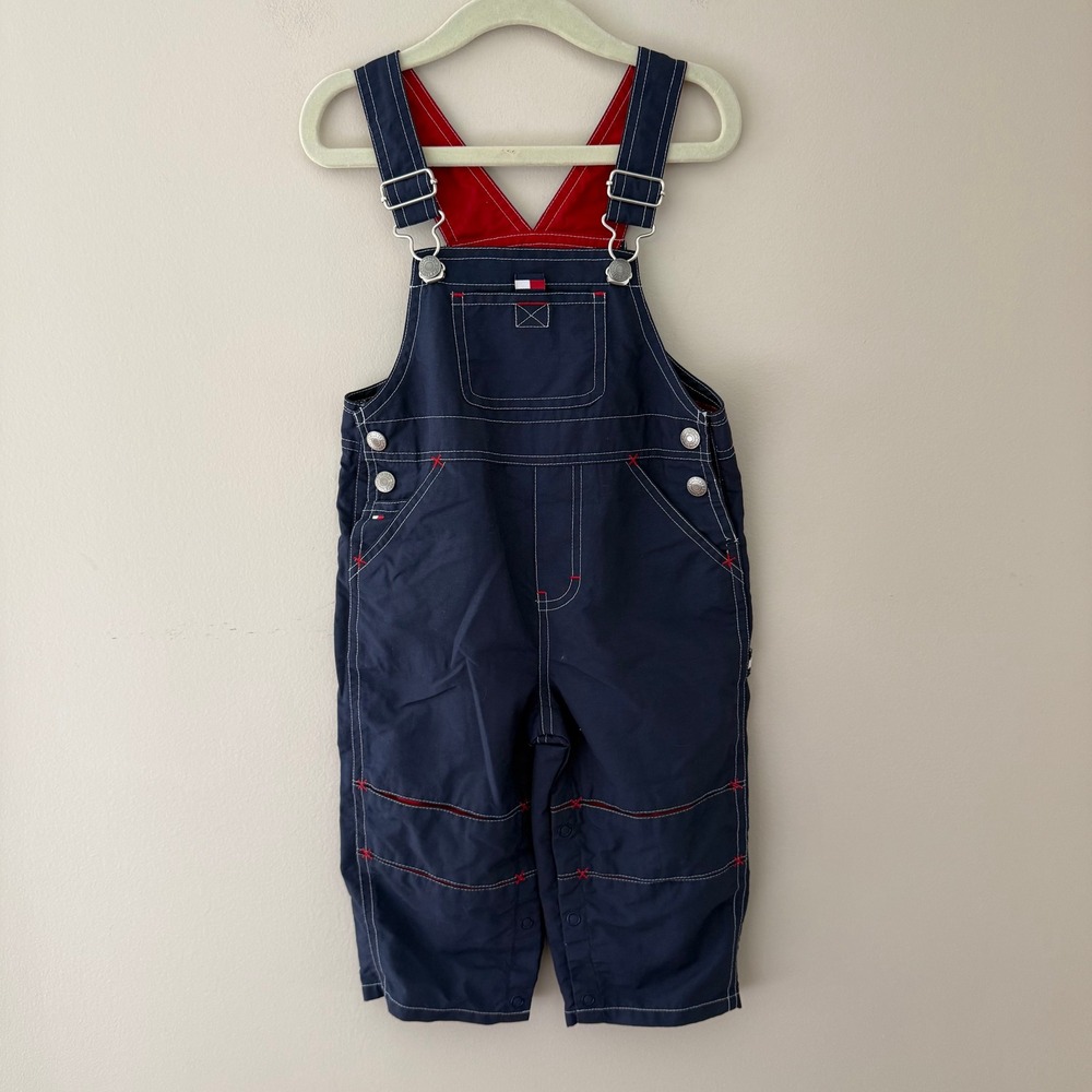 VINTAGE Tommy Hilfiger Baby Boys Navy Nylon Overalls Red Lining 12-18 Months